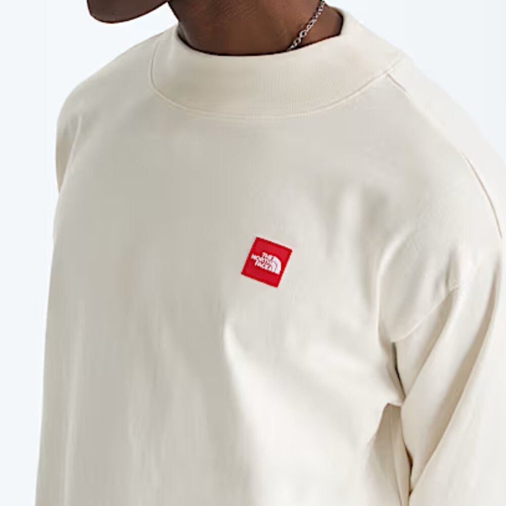 The North Face Mens TNF Red Box Logo Long-Sleeve Tee in White Dune Oversized Fit - Picture 2 of 11